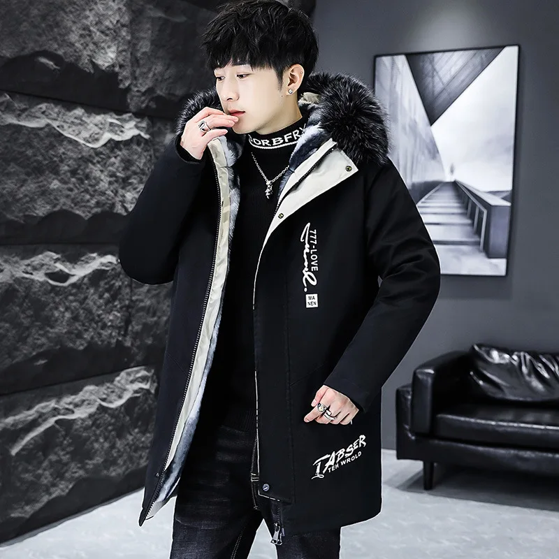 2023 Velvet and Thickened Style Overcoming Men's Casual Warmth Mid length Windbreaker Hooded Wool Collar Cotton Coat