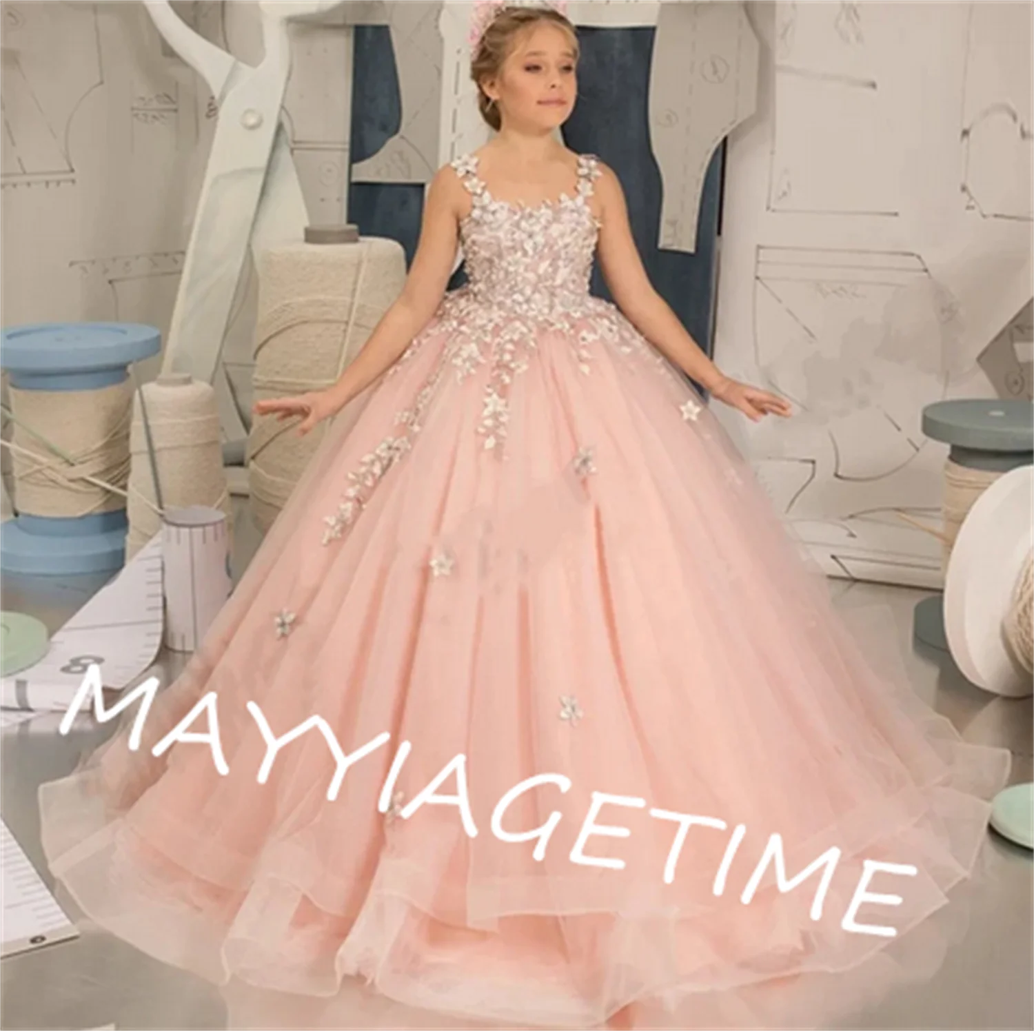

Peach Pink Tulle Princess Dress Lace Puffy Flower Girl Dresses Cute Girl Birthday Dress Wedding Party Dress Baby Dress