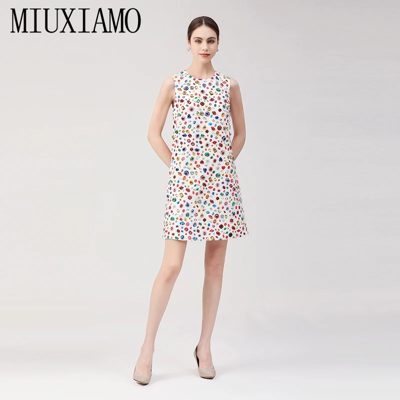 

MIUXIMAO 2022 High Quality Spring&Summer Casual Dress Sleeveless O-Neck Diamonds Fashion Mini Dress Women Vestides Dress Women