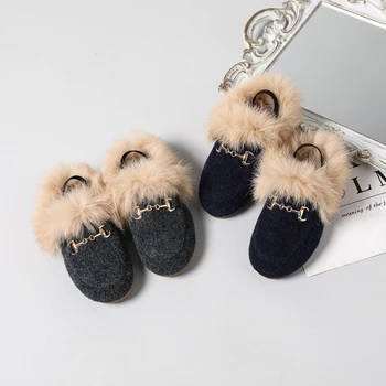 AS New Kids Fur Shoes Children Slides Baby Girls Slip On Outdoor Slippers Toddler Boys Gray Brand Flats Soft Princess Slides