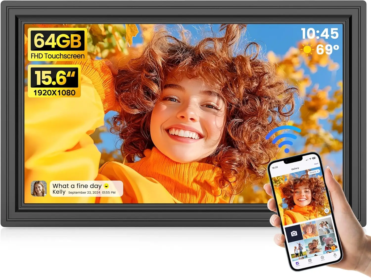 64GB 15.6" Large Digital Picture Frame, Uhale WiFi Electronic Photo Frames with 1920 x 1080 FHD IPS Touch Screen, Support Auto-R