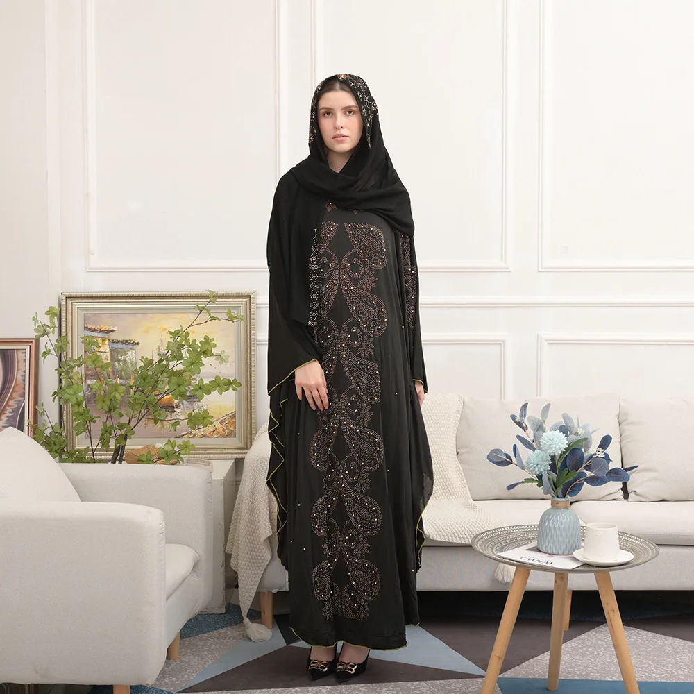 Kaftan Black Bat Sleeve Chiffon Hot Diamond Pattern Muslim Women Gown