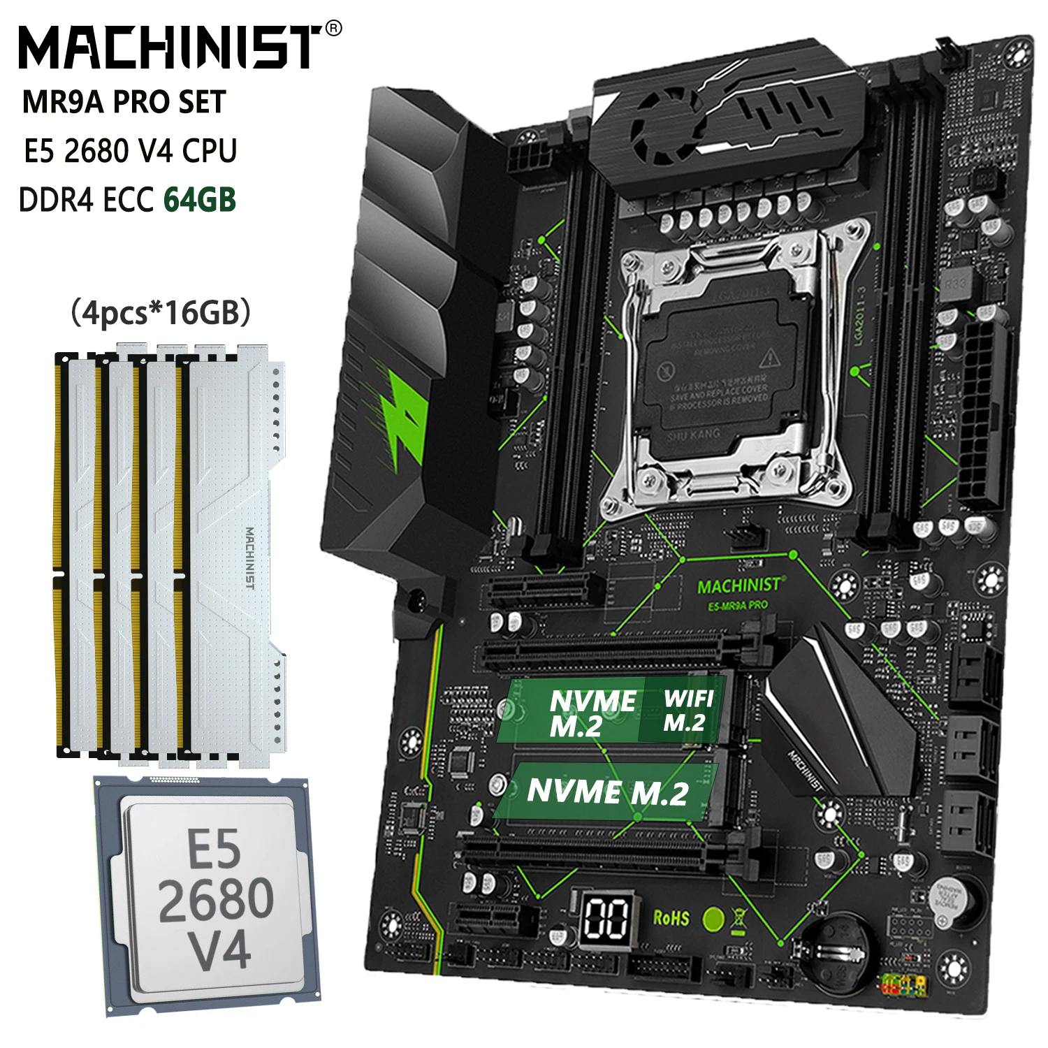 Machinist Mr9A Pro X99 Set Scheda Madre Lga 2011-3 Kit Xeon E5 2680 V4 Cpu 4 X16 = 64Gb Ddr4 Ecc Ram Memory Ssd Nvme M.2 Atx