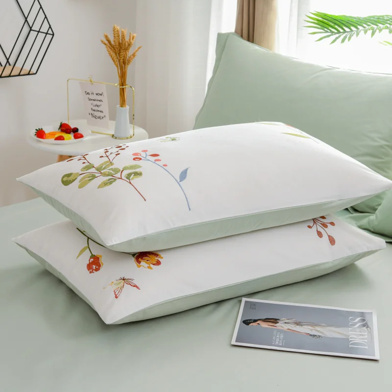 

Home Garden Textile Foreign Trade Cotton Pillow Cover Cotton Embroidered Pillow Case Student Dormitory Pillow Cover 48x74cm Pair