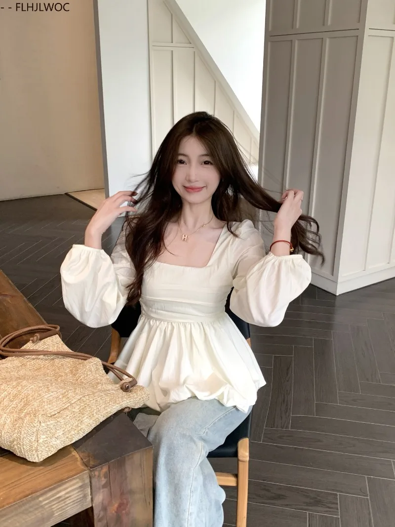 Belly Tunic Peplum Tops Blouses New Design Women Long Sleeve Casual Chic Korea Slim Fitted Black White Basics Shirts