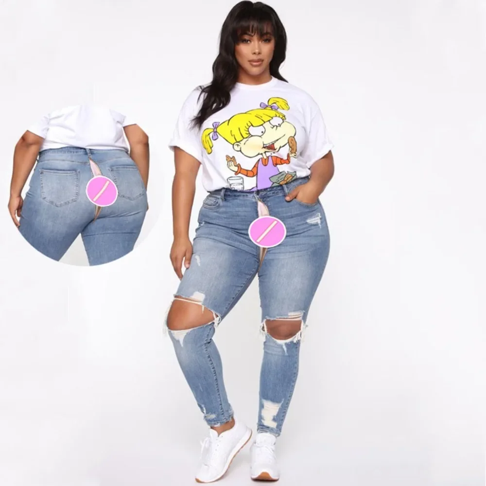 Invisible Open Crotch Outdoor Sex Pants Boyfriend Denim Fat Women Jeans Ripped Ladies Size Plus with Penis Hole Vintage Clothes