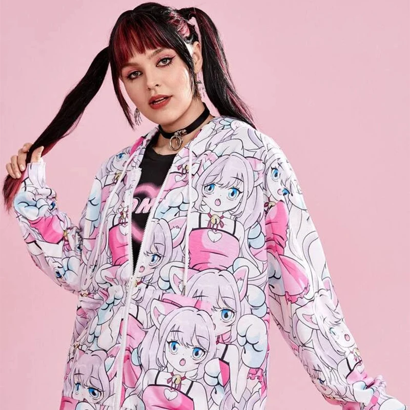 y2k zip up hoodie Anime Hoodie Women Sweatshirts Harajuku Oversized Sweatshirt Pullover Streetwear Hip Hop Clothing Stitch Top