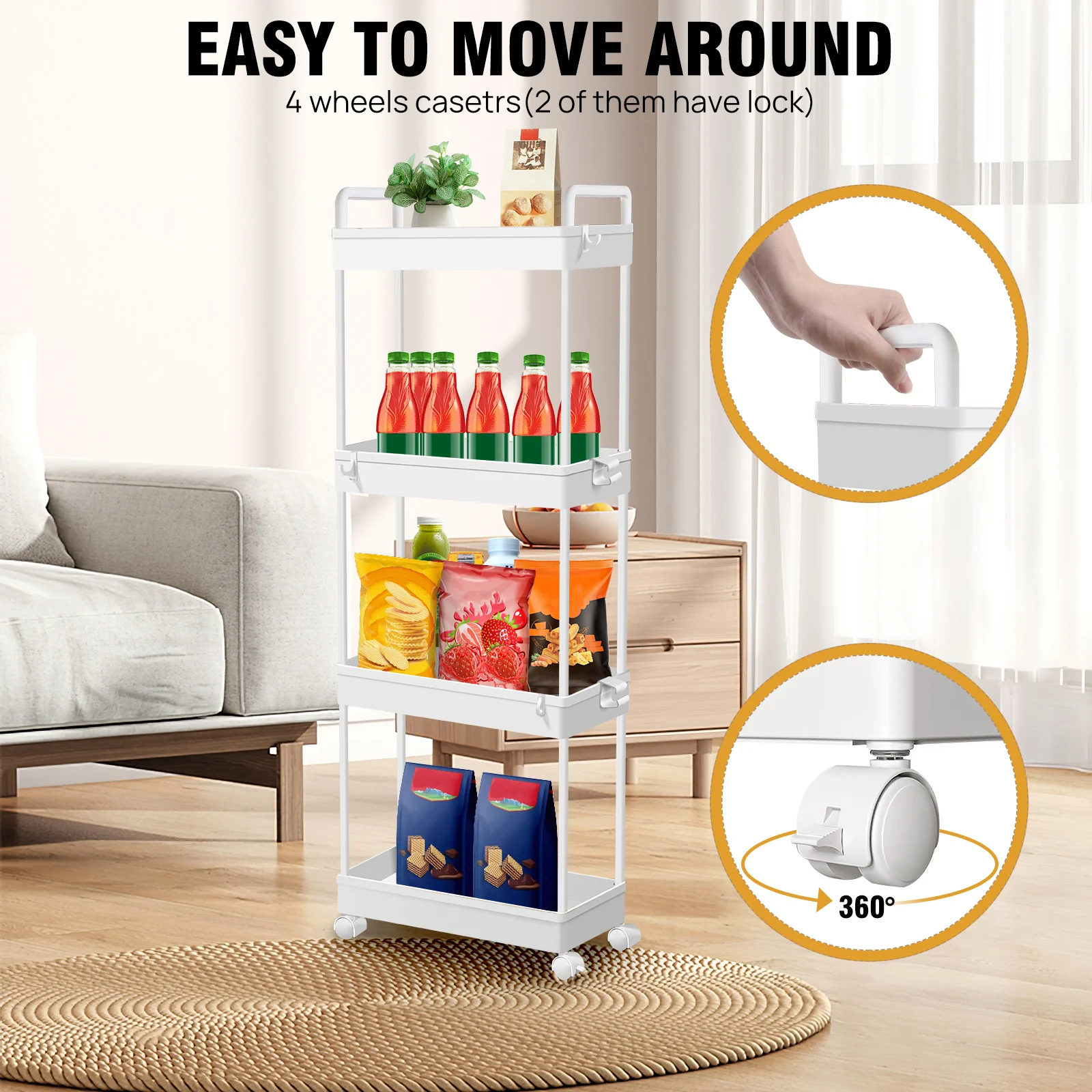 DayPlus 4-Tier Storage Rack Trolley Cart Slide-out Rolling Utility Cart Mobile Shelving Organizer for Kitchen, Bathroom, Bedroom: 3 - 5 Days Free Delivery Only UK