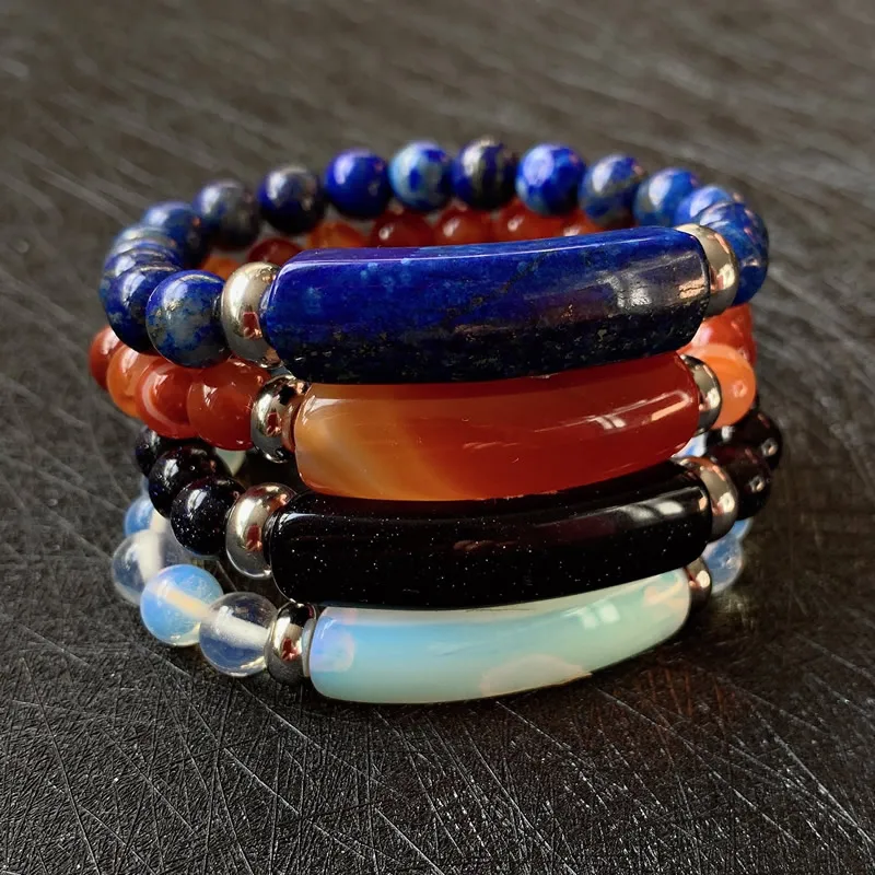 New Natural Stone Strand Bracelets Pink Quartz Agates Opal Lapis Fluorite Amethysts Crystal Rectangle Bar Charms Bracelets Femme