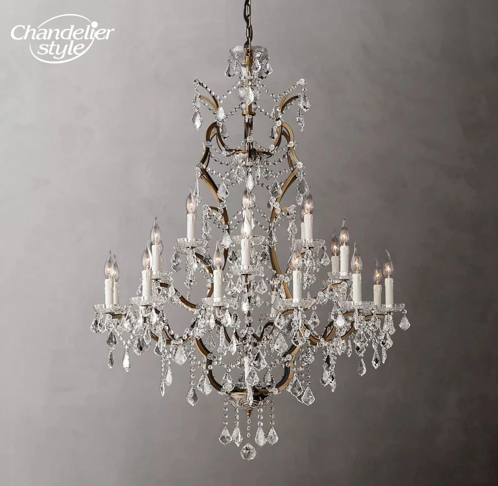 19th C. Rococo Iron & Clear Crystal Round Chandeliers Modern Retro LED Candle Brass Lamps Living Room Bedroom Indoor Lighting