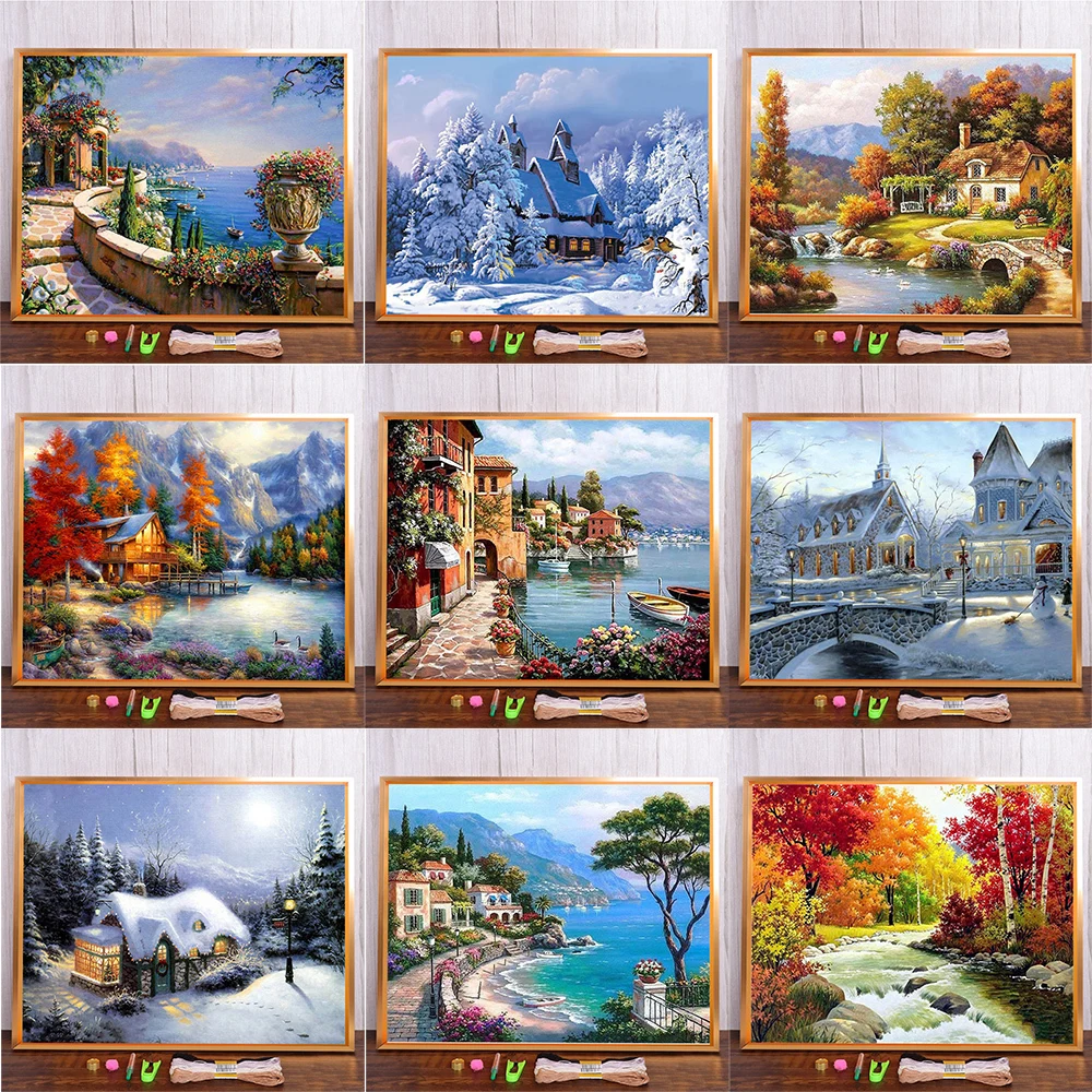 Cross Stitch Kit DIY Needlework Craft Snow Landscape Pattern Cross Stitch Embroidery Kit Cotton Thread Printed Canvas Home Decor Living Room Wall