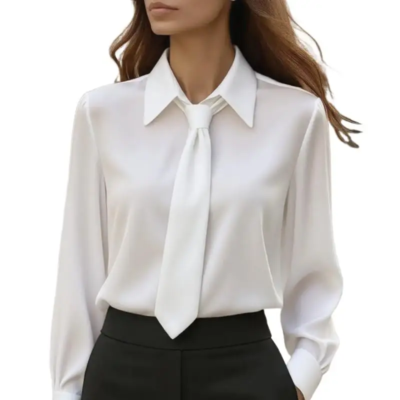 Women Black White Long Sleeve Solid Blouse Shirt for Spring Summer Workwear