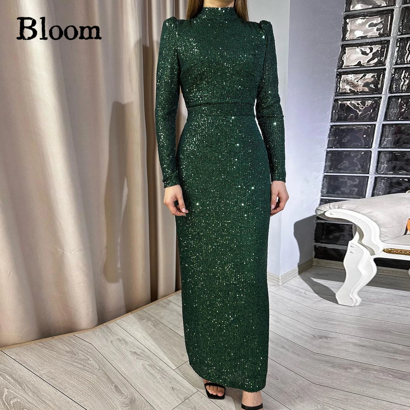 

Bloom Green Small Sequins Prom Dresses Long Sleeves High Neck Straight Simple Evening Dresses Formal Wedding Party Dress