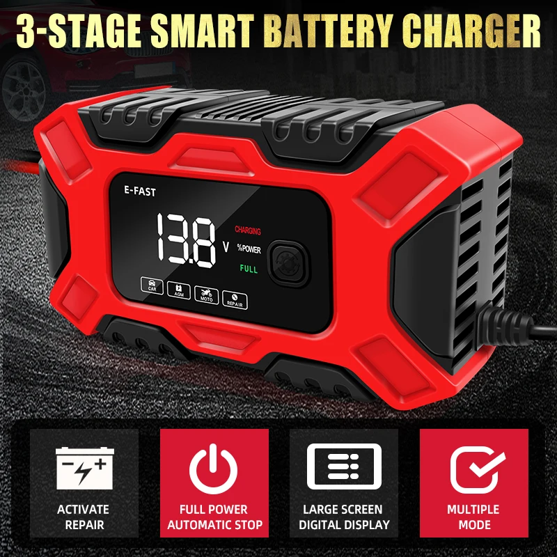 12V Smart Automotive Battery Charger Pulse Repair Chargers Digital Display For 4-100AH Motorcycles Cars SUV Lead-acid Battery