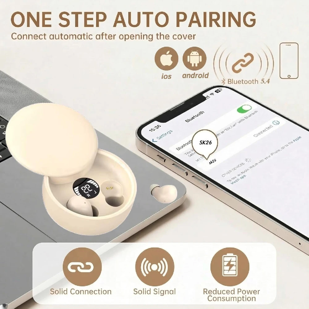 Compact Invisible Wireless Earbuds with Smart LED Display for Sleep, Fitness, and Travel
