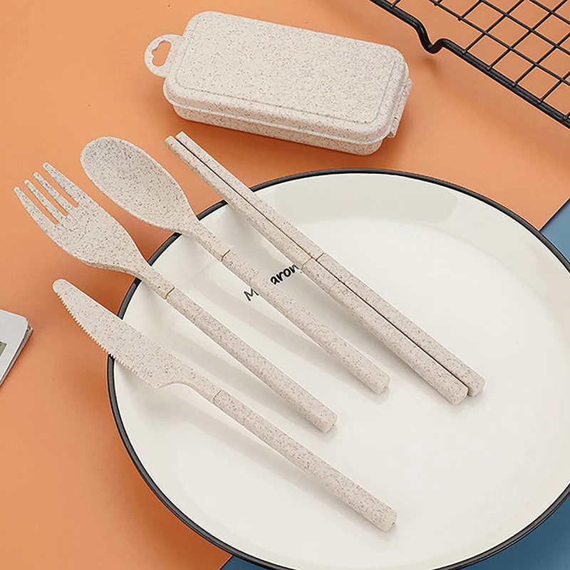 Portable Foldable Wheat Straw Fork Cutlery Set Chopsticks With Box Travel Kitchen Accessories