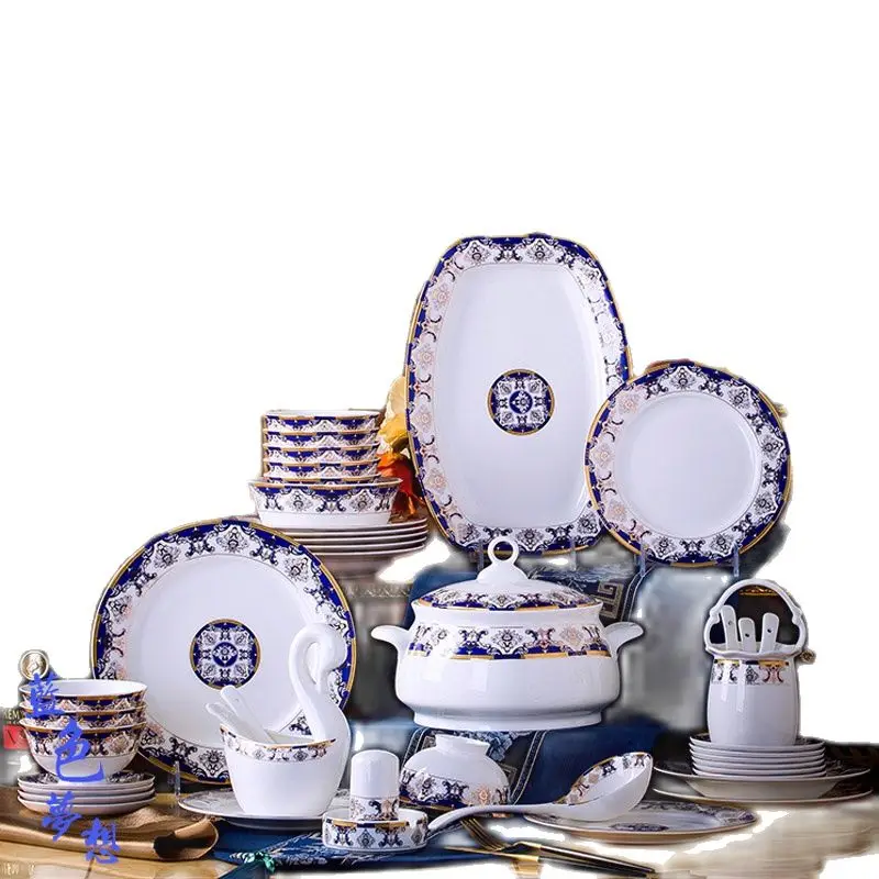 

60 Heads Dish set home simple European jingdezhen ceramics Chinese bowl plate combination dishes and plates sets