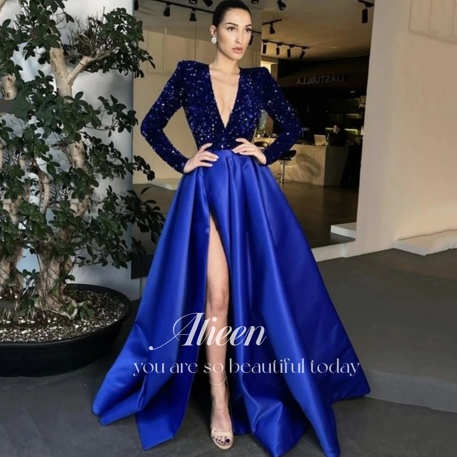 

Aileen Sequins A-line V-neck Blue Womens Dresses With Long Sleeves Gala Dress Women Elegant Party Ball Gowns Evening Gown Formal