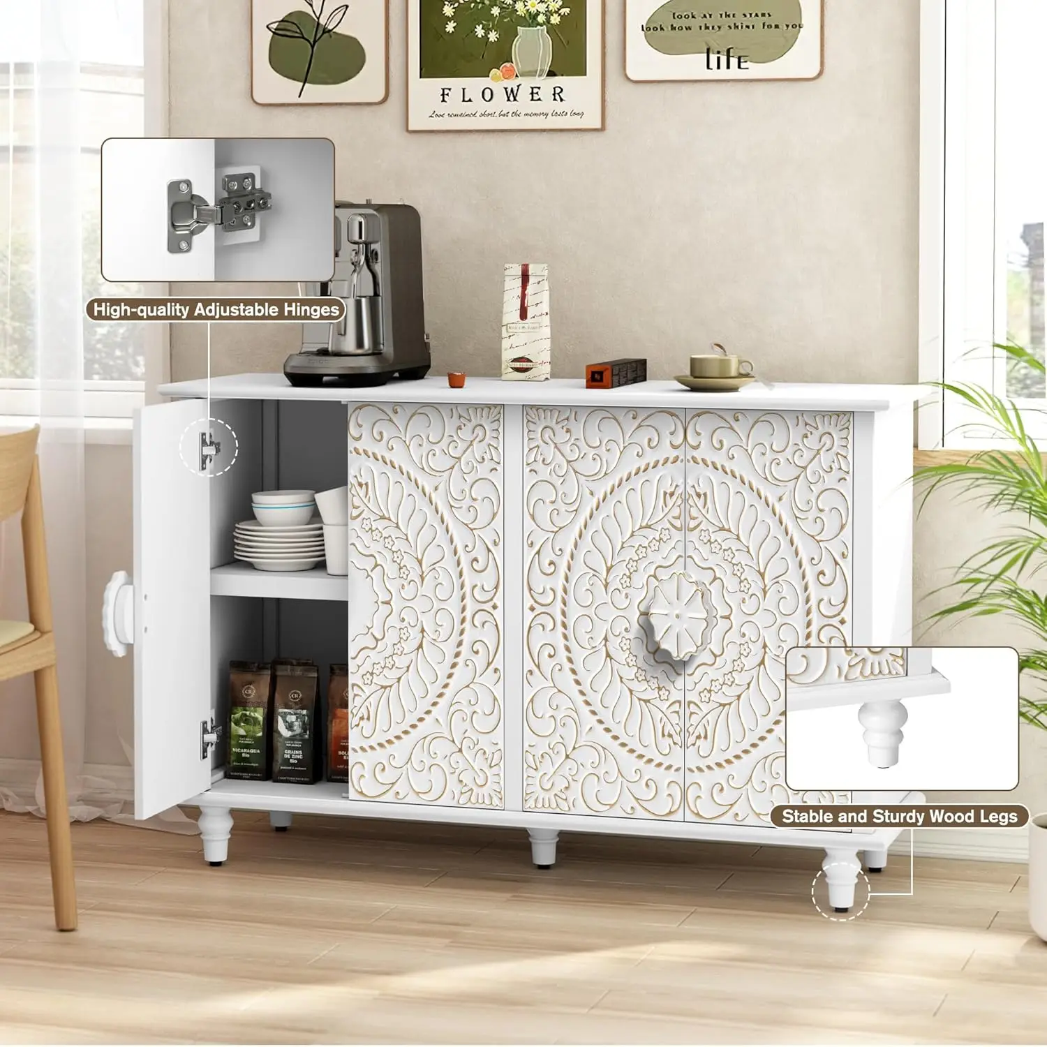 ARTPOWER Decorative Sideboard Buffet Cabinet with 4 Doors, White Accent Storage Cabinet with Carved Flower Pattern