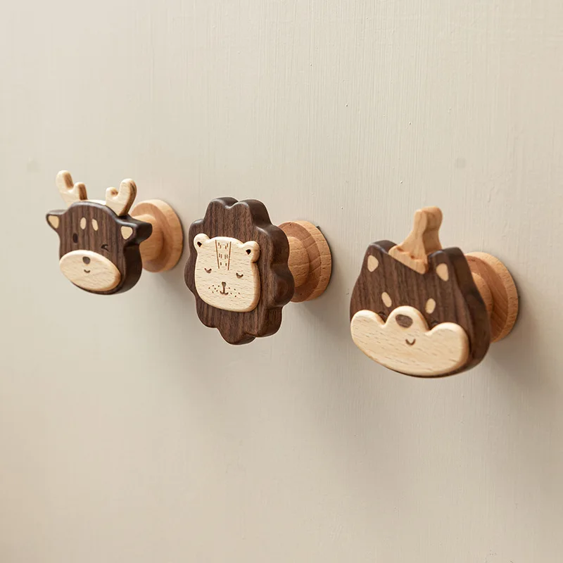 

New Solid Wood Hooks Cute Animals Clothes Hooks Wall Hangers Behind Doors Children's Room Decorations Home Kitchen Accessories