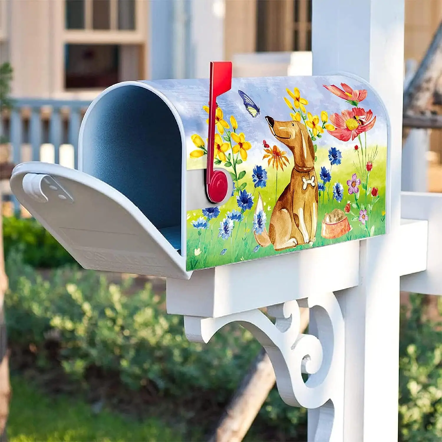 Cute Dog Puppy Floral Decoration Mailbox Cover with Magnetic Strip Spring Summer Mailbox Wraps Post Letter Box Cover Standard