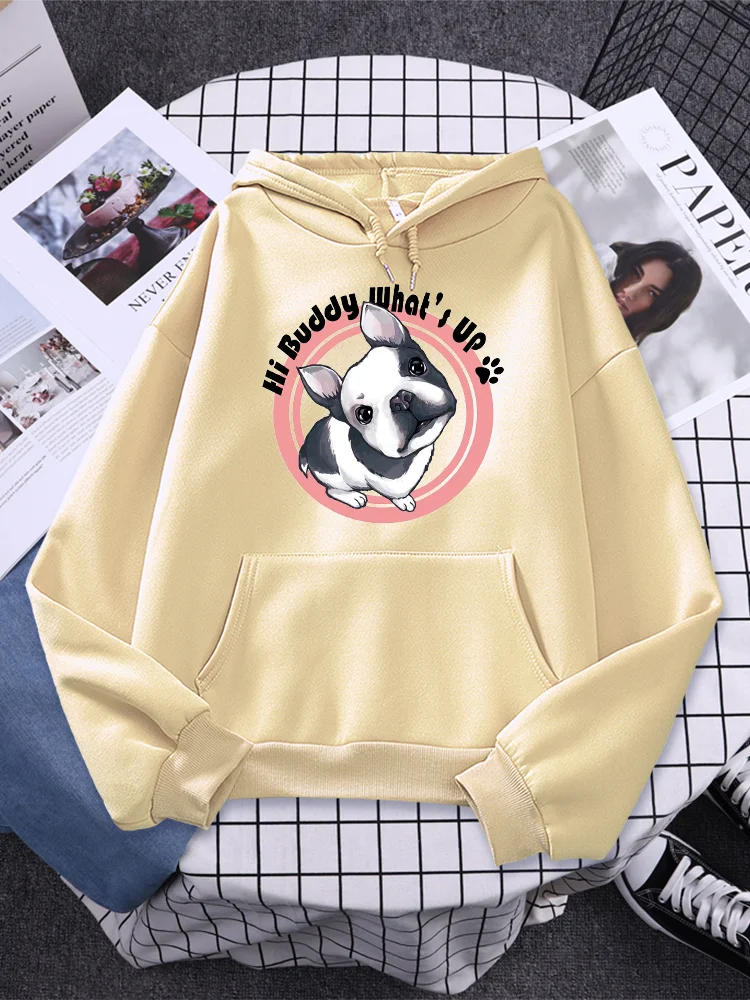 

Kawaii Pug Hi Buddy What's Up Printed Womens Hoody Casual Simple Tops Pocket Warm Clothing Cartoons Comfortable Woman Hoodies