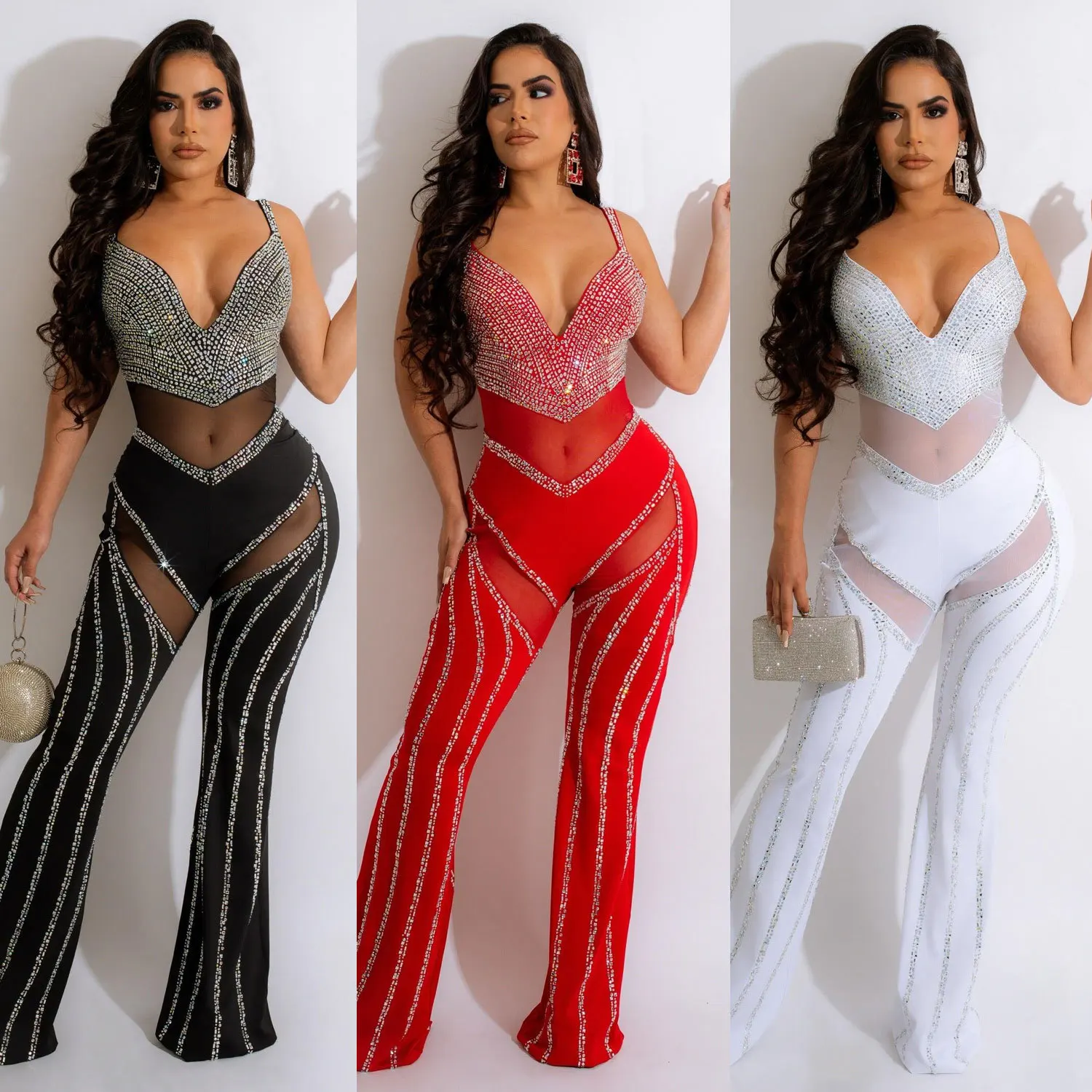 

Diamond Spaghetti Strap Deep V-neck Streetwear See Through Romper Women Jumpsuit Overalls Casaul Women Jumpsuit