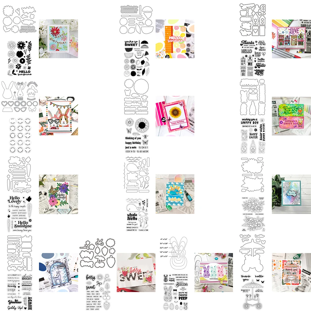 

Hello Happy Wishes Phrase Clea Stamps Easter Bunny Whale Gnome Lemon Floral Mixed Metal Cutting Dies DIY Festive Crafting 2024