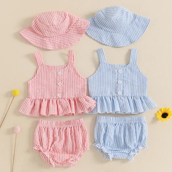 Summer Children Baby Girl 3pcs Striped Shorts Set Casual Toddler Button-up Ruffle Tank Tops Shorts Wide Brim Sun Hat Clothes 1