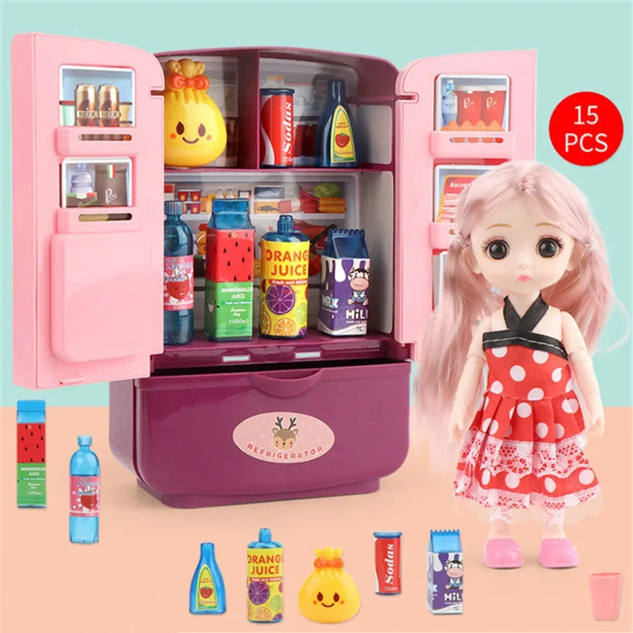 Kids Toy Fridge Mini Double Door Refrigerator Baby Toys Furniture Simulation Pretend Play Kitchen Toys Accessories Role Play 3