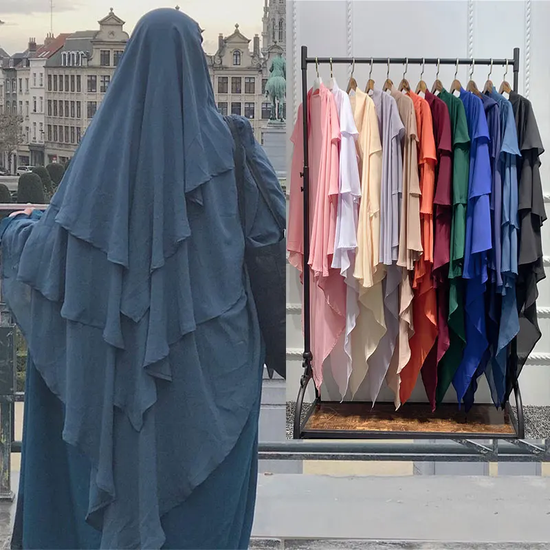 

Ramadan Ladies Muslim Khimar Three Layer Ruffles Hijabs Dubai Turkey Arabic Women Turban Islamic Headdress Scrafs Prayer Garment