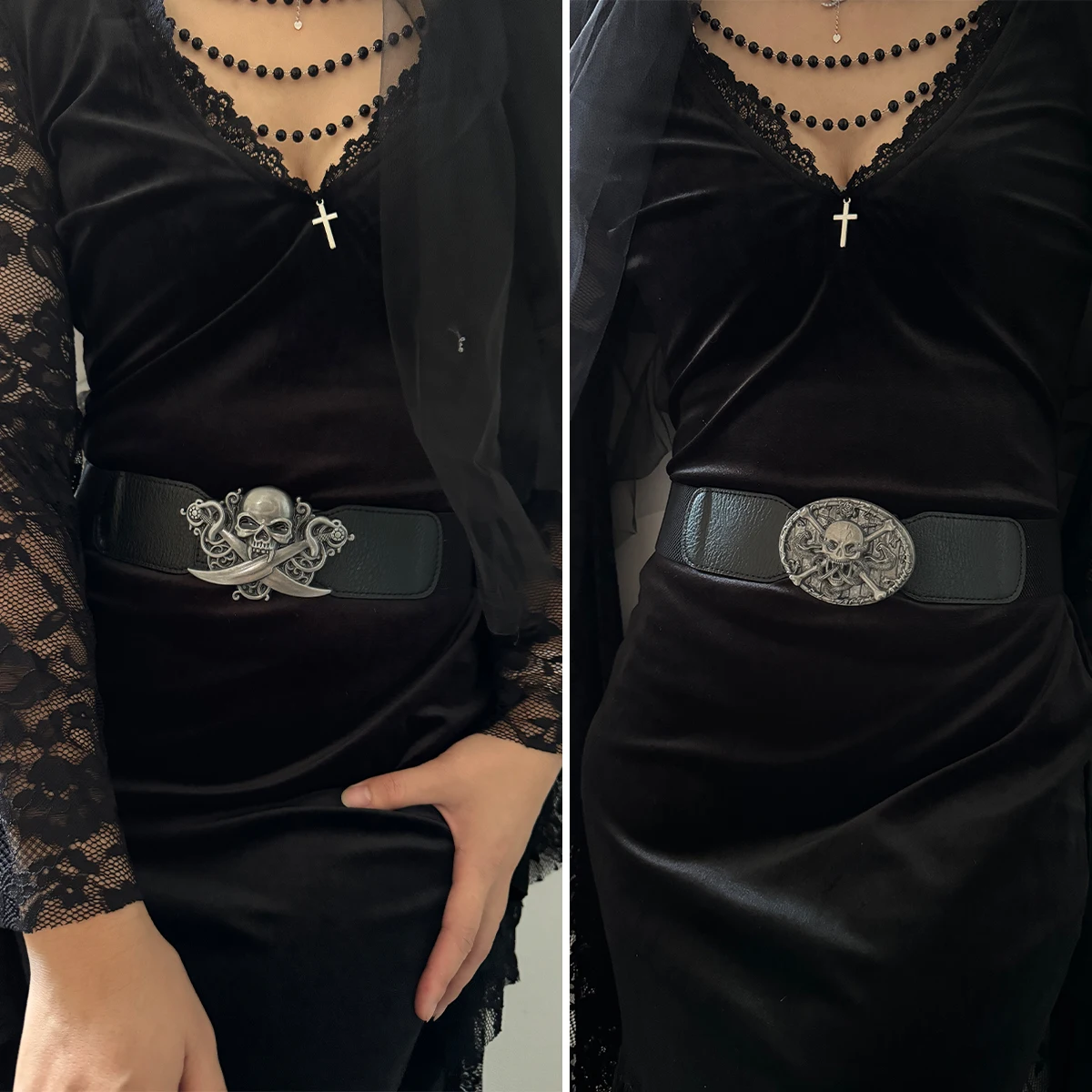 Gothic-Schädel-Metallschnalle, elastischer Korsettgürtel für Damen, breiter Bund für Kleider und Mäntel, Punk-Accessoires, schwarze Hüftgürtel für den Winter