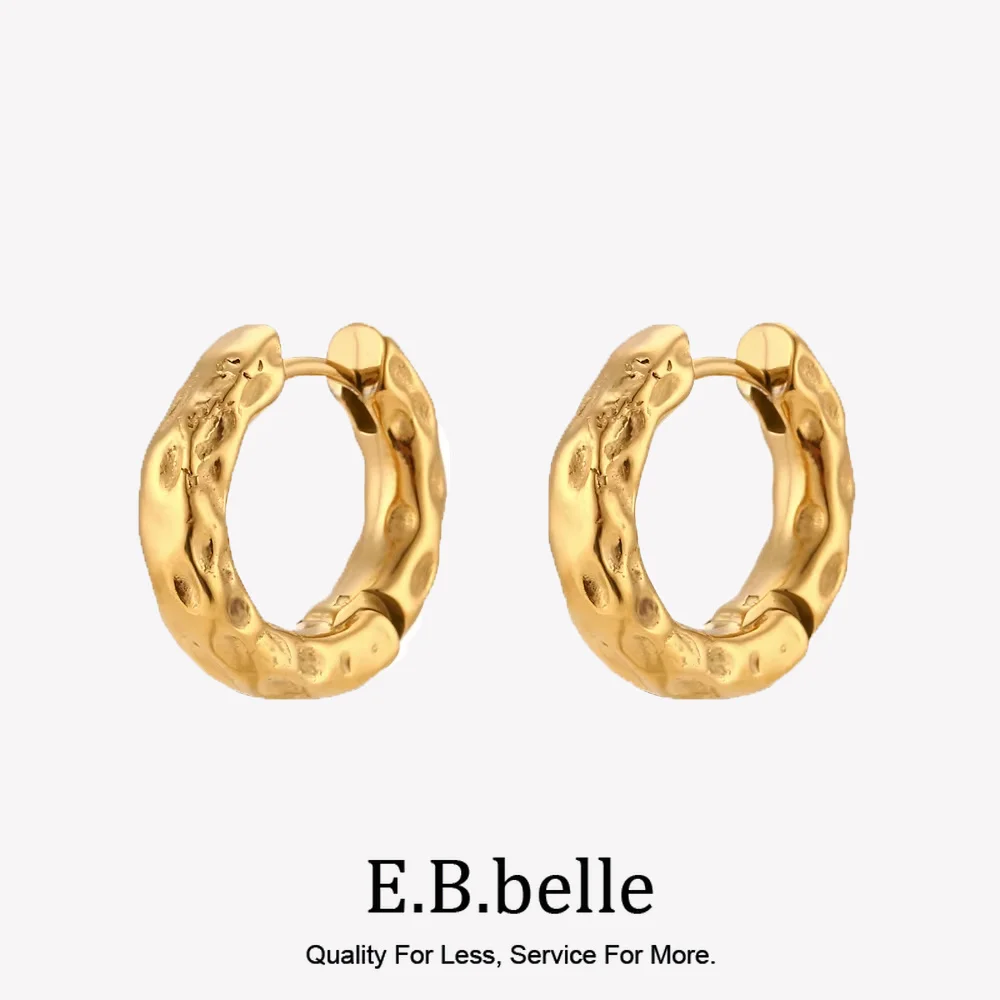 E.B.belle 2 Größen Massive Dünne Gehämmerte Vergoldete Creolen für Damen Vintage-Schmuck Edelstahl Ohrringe für Frauen