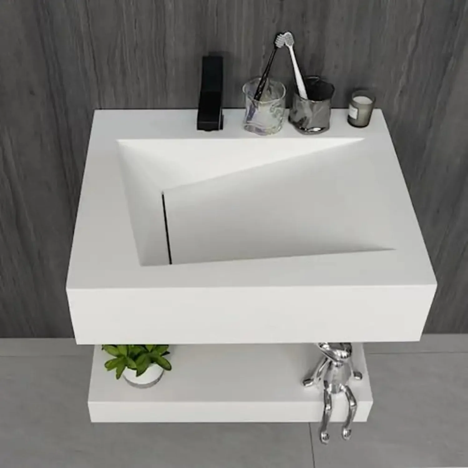 Modern Wall-Mount Rectangular Bathroom Sink Floating Vanity Shelf Set Stone Resin Vessel Sinks White Trough Drainage Smooth 4