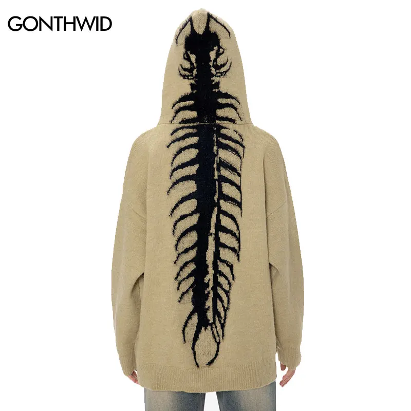 

Hip Hop Hooded Sweater Streetwear Harajuku Embroidery Knitted Centipede Pullover Jumper 2023 Fashion Loose Punk Goth Sweaters