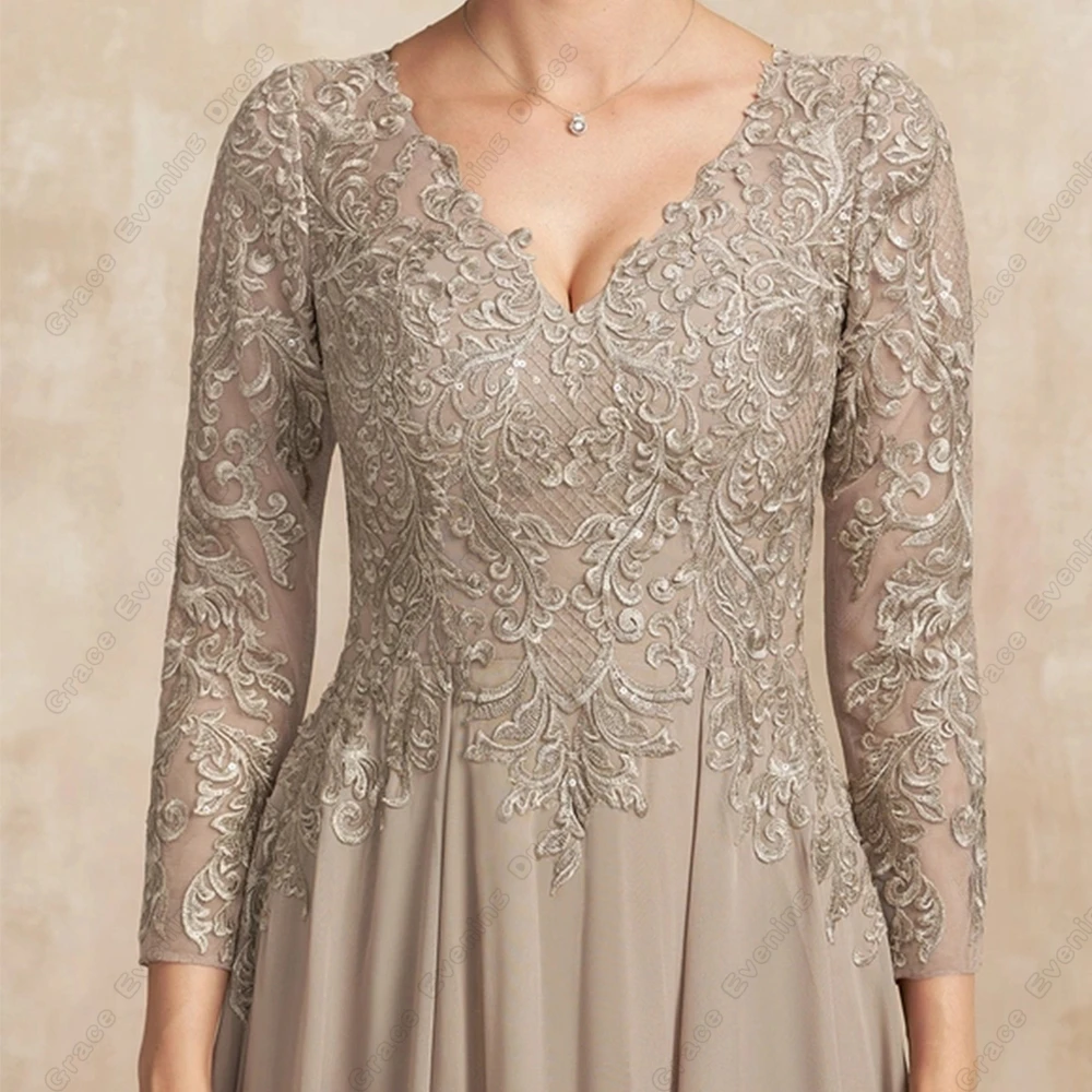 Champagne Strapless Mother of Bride Dresses for Women Full Sleeve Chiffon Wedding Party Dresses with Lace Robe De Soir&eacute;e