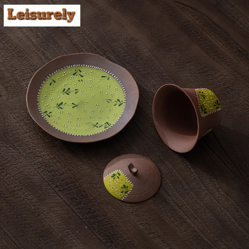 Hand-painted Daisy Patchwork Old Rock Clay Gaiwan Creative Tea Tureen Tea Bowl With Lid Kit Tea Brewing Cover Bowl Teaset Craft