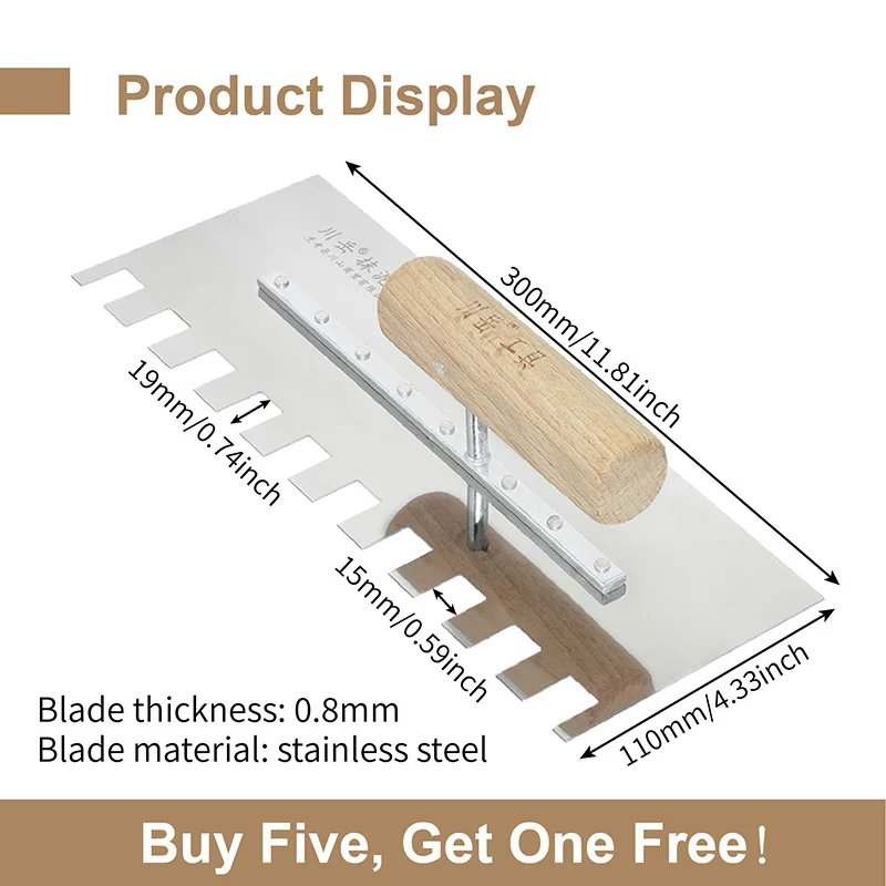 30x11cm Stainless Steel Plastering Trowel Hand Construction Tool Left Notch Teeth for Tiles 15mm Installation and Floor Leveling