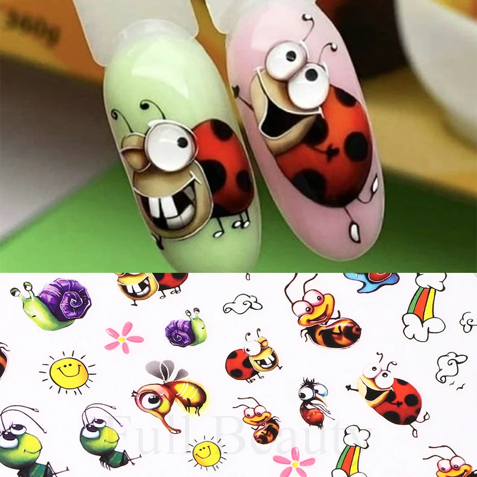 Nail Stickers Decals Art Decoration Cartoon Ant Ladybug 3D Cute Kawaii Mushroom Ice Cream Cake Sliders For Summer Manicure
