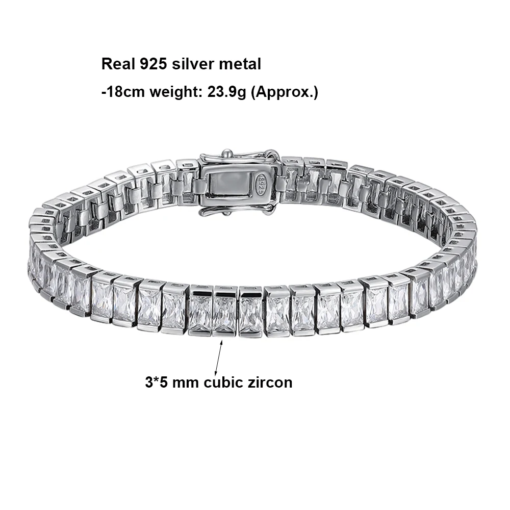 3*5mm Rectangle CZ Solid Real 925 Silver Tennis Bracelet Shiny Cubic Zircon Hiphop Rock Fine Jewelry for Men/Women