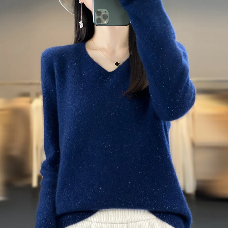 

Autumn/Winter Sweater Women's Woolen Sweater Pullover V-Neck Loose Knit Thin Long Sleeve 2023 New Top