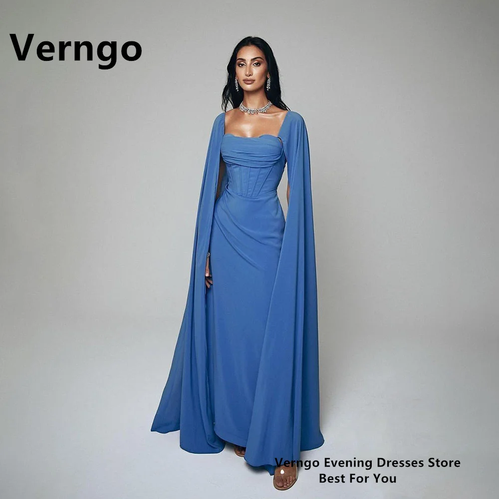 

Verngo Blue Chiffon Square Collar Bone Long Sleeves Party Dress A Line Dubai Formal Dresses For Women 2024