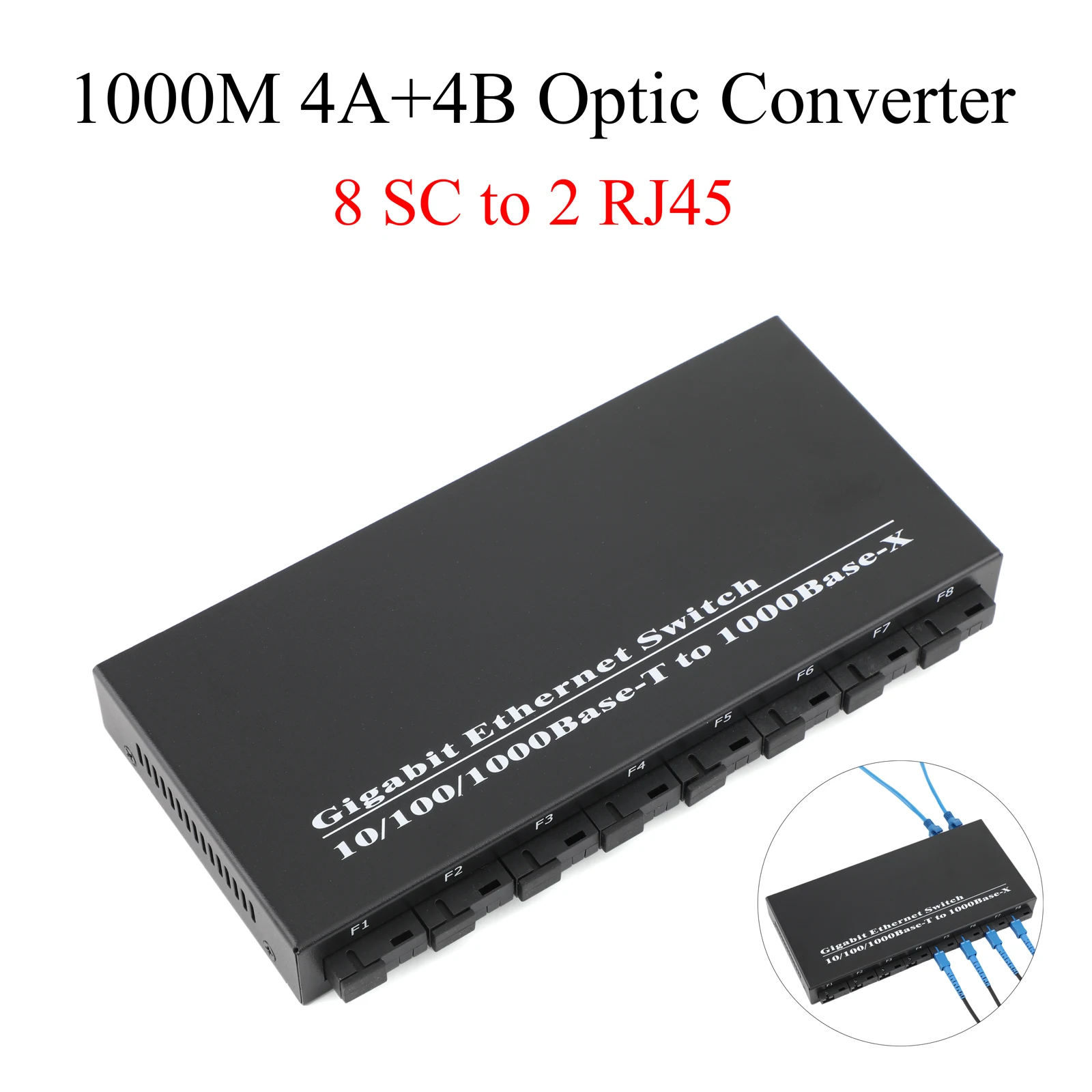 Gigabit Optic Media Converter 8SC to 2RJ45 1000M Fiber Optical Transceiver 4A+4B Ports 1310/1550nm 20KM Ethernet Switch Kit
