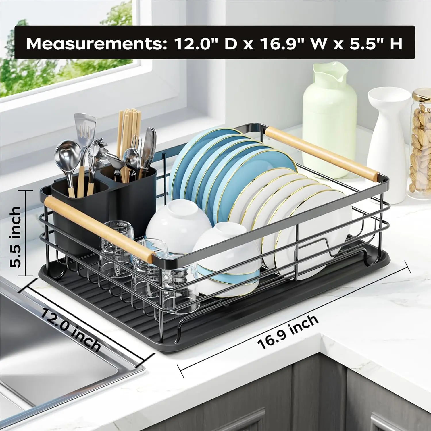 Dish Racks for Kitchen Counter: Wooden Handles, Thickened Metal, No Assembly. Small Dish Drying Rack: Ideal for Small Households