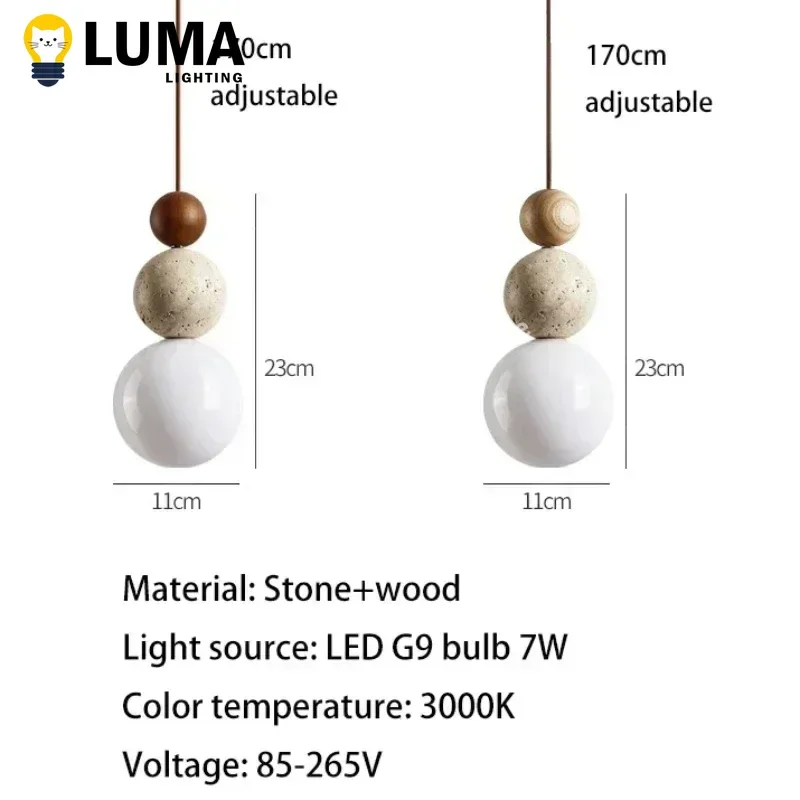 Luma Cream Style Yellow Travertine Pendant Lights, Nature Stone Wood Hanging Lamps for Bedroom Bedside Restaurant Kitchen Island 6