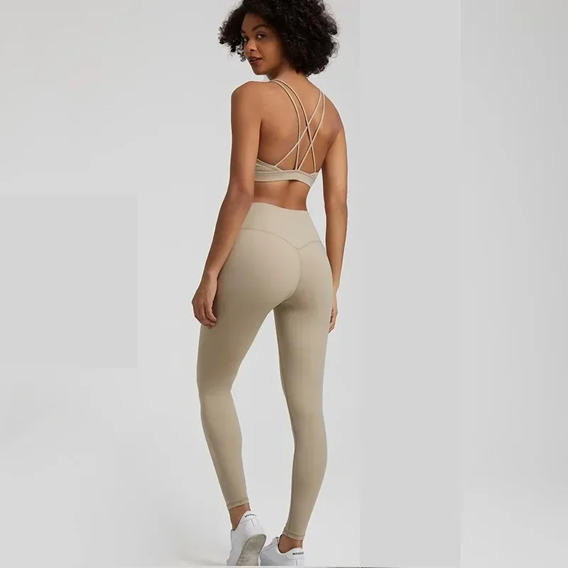 Lemon Gym Fitness Yoga Set Leggings Back Cross Sport Bra Top 2pc Suit Comprehensive Training Jog Womencutout Tie Round Nec