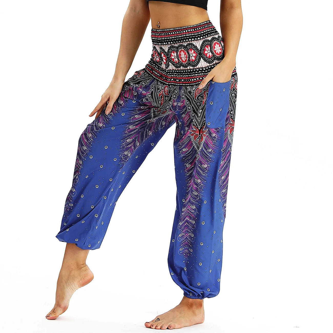 2024 Women's Boho Pants Harem Smocked Waist Yoga Loose Cozy Pants, Hippie Palazzo Summer Beach Pants