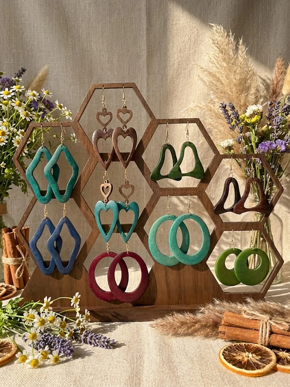 9-teiliges Set mit modischen und eleganten Anhänger-Ohrringen für Damen, Vintage-Böhmische geometrische herzförmige runde hohle Holzohrringe, geeignet für Alltag, Partys, Valentinstag und andere Anlässe