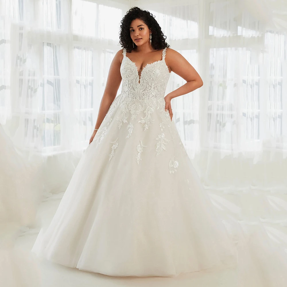 

High Quality Wedding Dress Double V-Neck Spaghetti Straps Bride Gown Lace Applique A-Line Vestidos De Novia Tallas Grandes Mujer