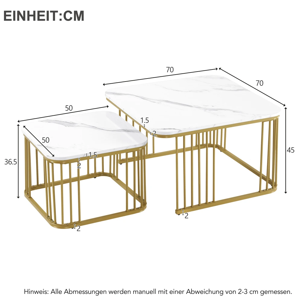 2 Sets quadratische Couchtische mit Hochglanzmarmoroptik, Schiebetische mit goldenen Beinen, 70 x 70 x 45 cm und 50 x 50 x 36,5 cm, vielseitig einsetzbar – Detail 14
